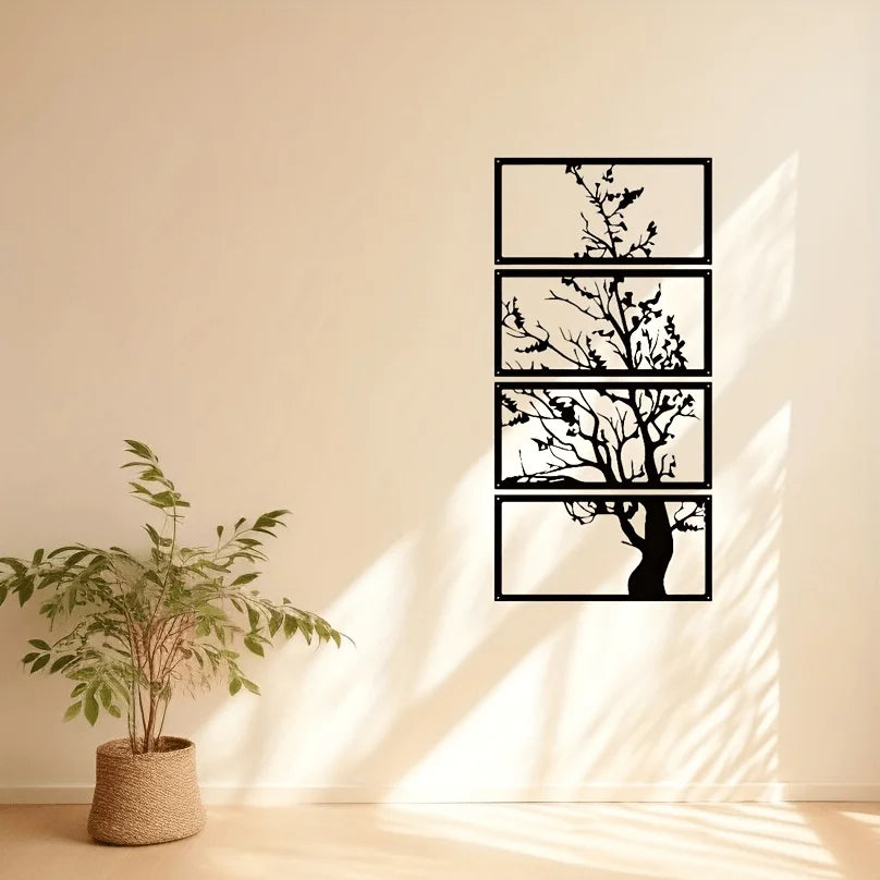 Black Metal Wall Decor Tree of Life Silhouette Set of 4 for Living Room – Stylish Art Deco Wall Decor