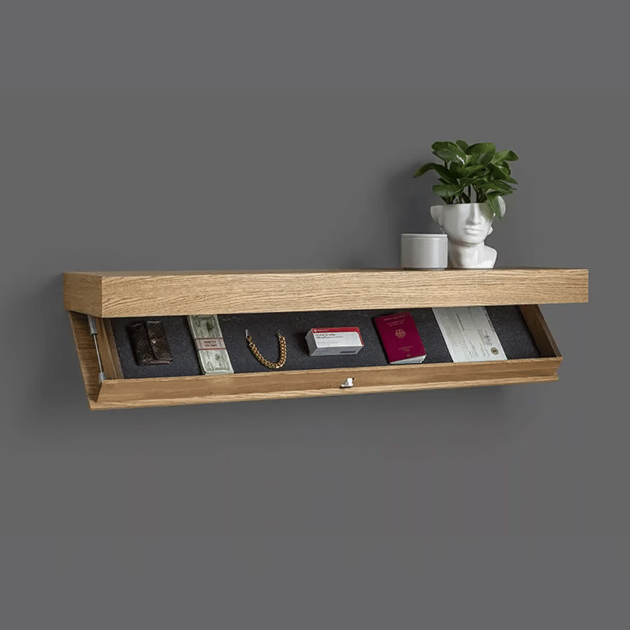 Floating Wall Rack Made of Solid Wood with Hidden Storage Space – Elegant and Minimalist Design, 40 x 21 x 7 cm