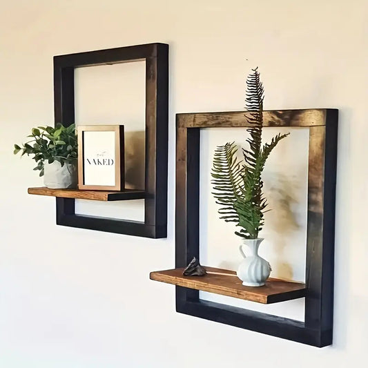 2-Piece Wall Shelf Set in Vintage Style - Wooden Wall Shelves with Black Frame - 40x25 cm and 21x35.5 cm
