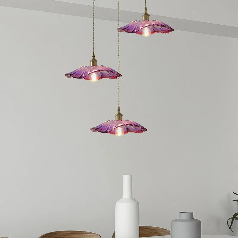 Art Deco Flower-Shaped Glass Pendant Lamp – Purple and Amber