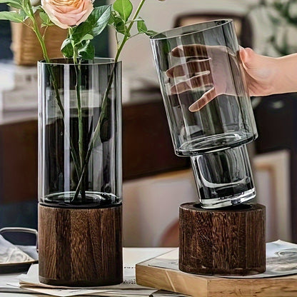 Glass Vase with Wooden Base – Sleek and Modern Design for Flowers, 24.5 cm High