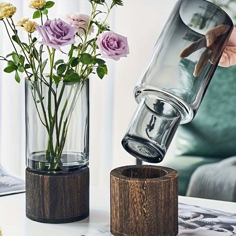 Glass Vase with Wooden Base – Sleek and Modern Design for Flowers, 24.5 cm High