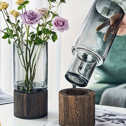 Glass Vase with Wooden Base – Sleek and Modern Design for Flowers, 24.5 cm High