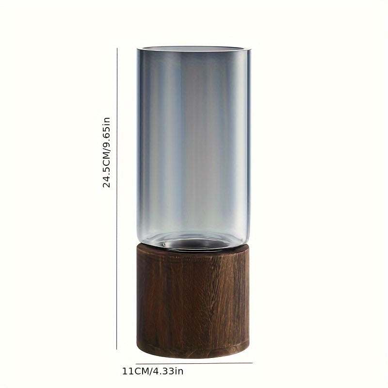 Glass Vase with Wooden Base – Sleek and Modern Design for Flowers, 24.5 cm High
