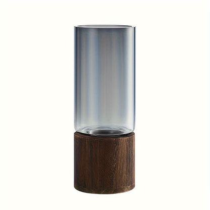 Glass Vase with Wooden Base – Sleek and Modern Design for Flowers, 24.5 cm High