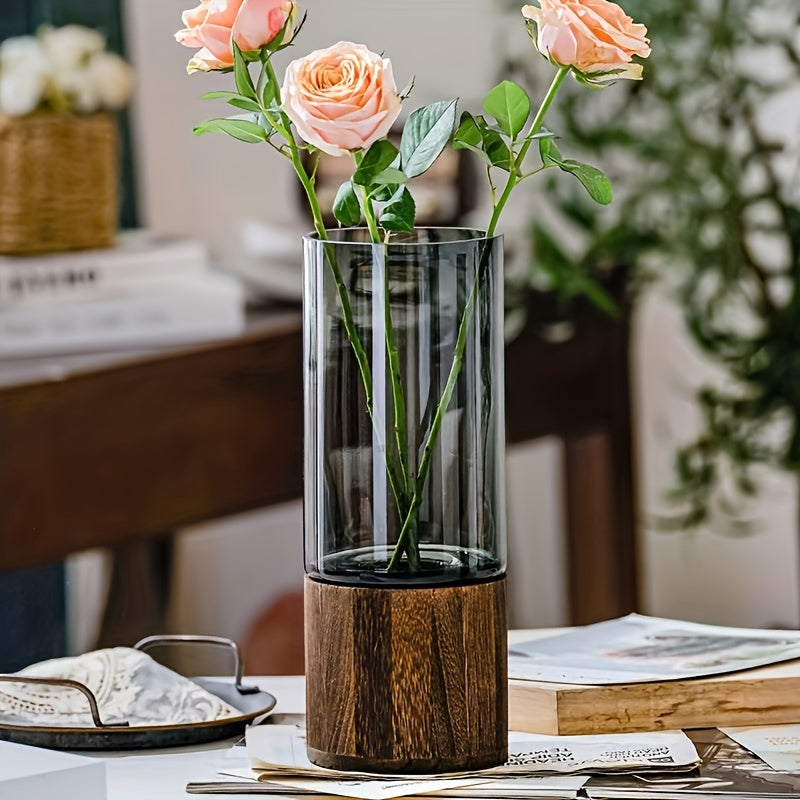 Glass Vase with Wooden Base – Sleek and Modern Design for Flowers, 24.5 cm High