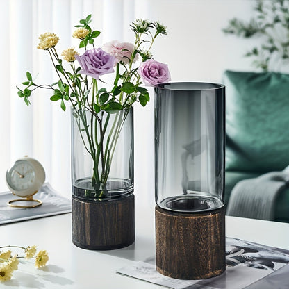 Glass Vase with Wooden Base – Sleek and Modern Design for Flowers, 24.5 cm High