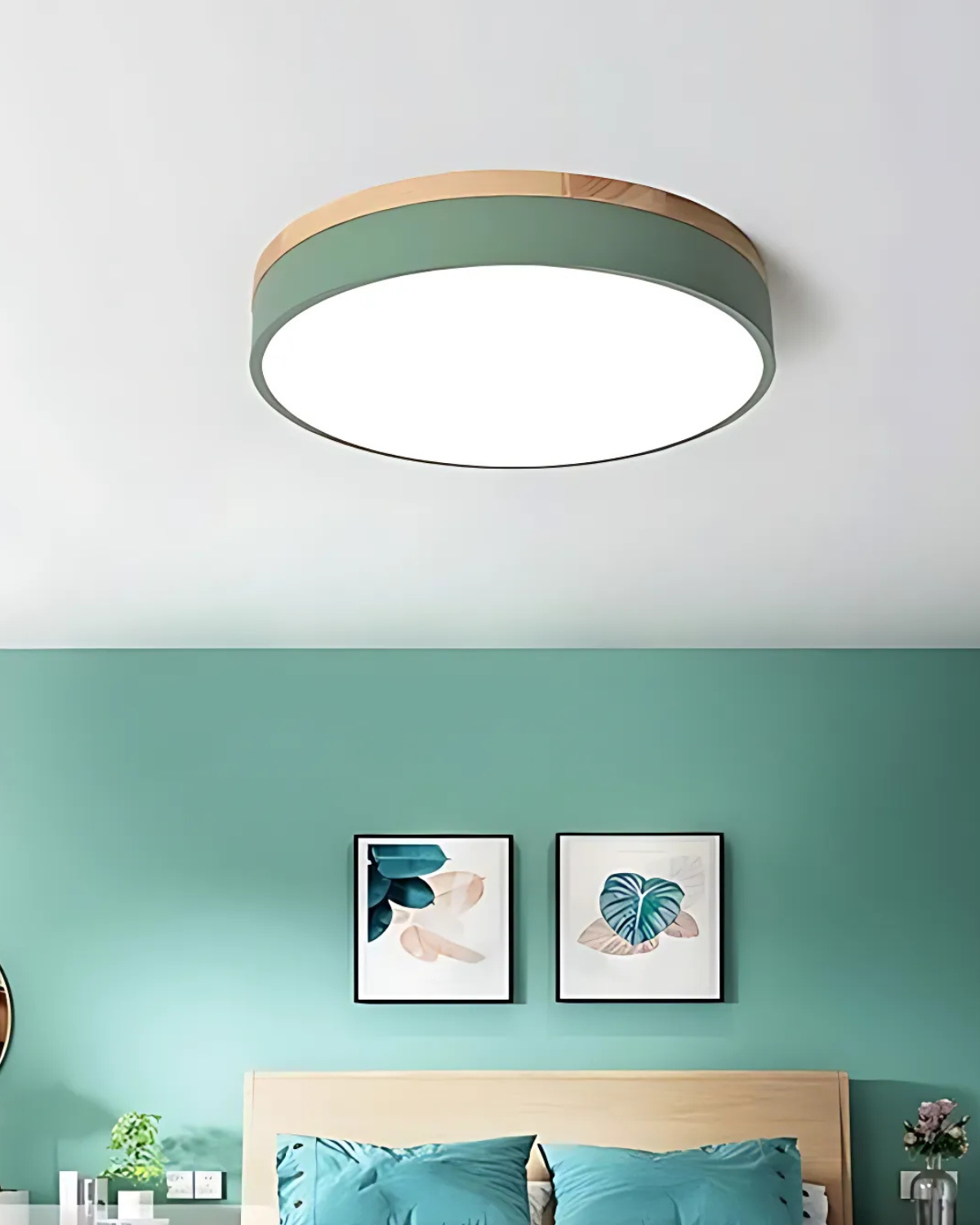 Modern Ceiling Lamp with Wooden Accent and Green Band – Cercle de Lumière