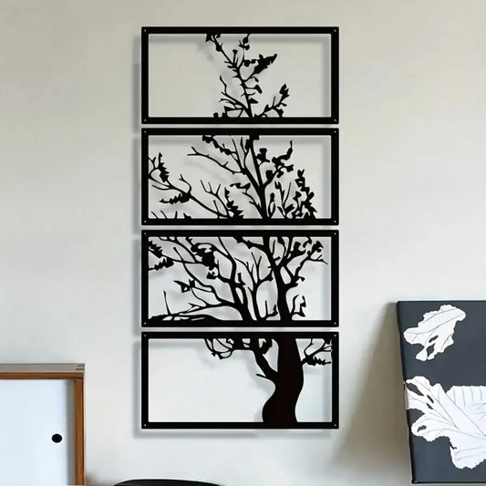 Black Metal Wall Decor Tree of Life Silhouette Set of 4 for Living Room – Stylish Art Deco Wall Decor